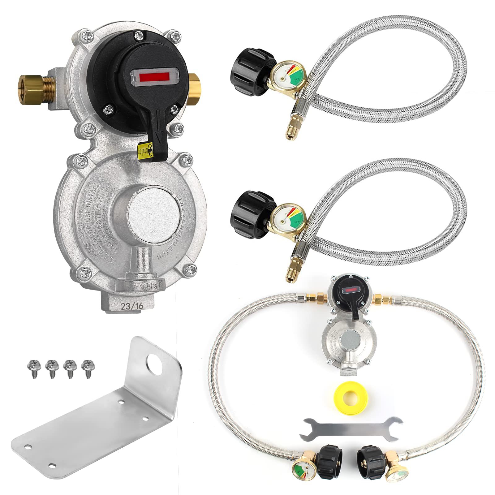 Home Cooking Gas - ตัวปรับแรงดันแก๊สโพรเพน LP แบบเปลี่ยนอัตโนมัติ 2 ระดับ พร้อมสายถักสแตนเลสยาว