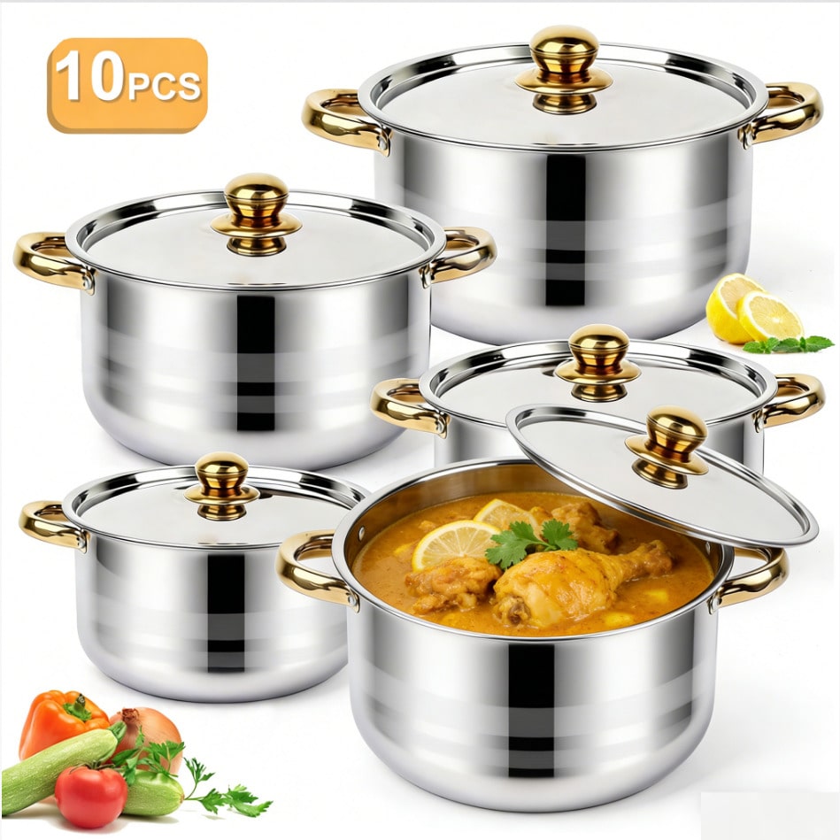 Home Cooking Cookbook - ชุดหม้อสแตนเลสสตีล ชุดเครื่องครัวหรูหราทันสมัย ตัวหม้อสีเงิน ด้ามจับสีทอง ชุด 10